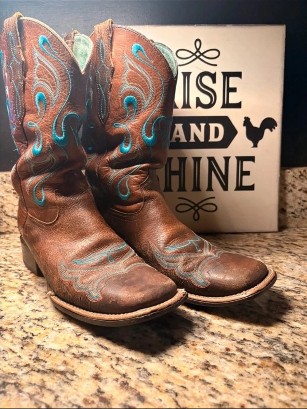 Ariat Brown Leather Western Boots with Turquoise Stitching
